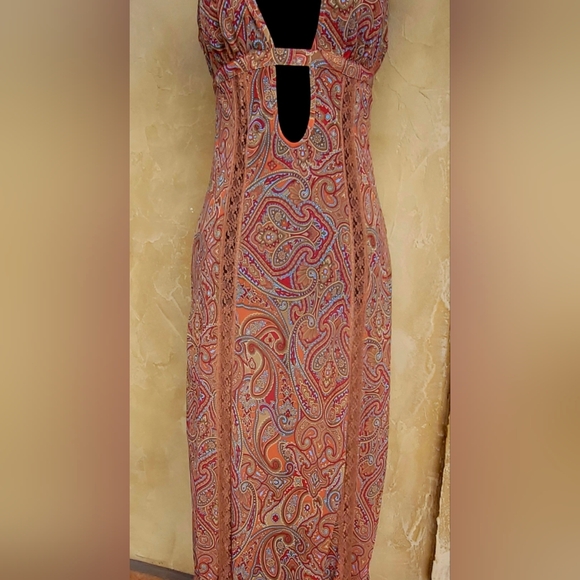 Victoria's Secret Vintage Rust Paisley Strapless Slip Dress Cutout Maxi Dress XS - Picture 9 of 15